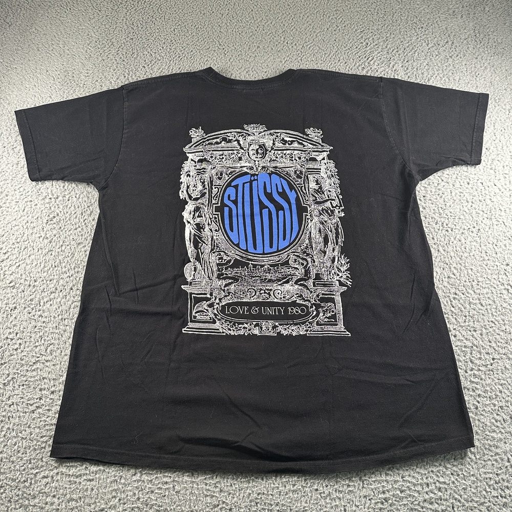 Stussy Love & Unity 1980 Tee Size XL Black Graphic Back Print Skater Streetwear